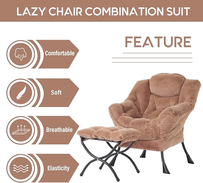 LITA Lazy Chair with Ottoman, Modern Accent Leisure Upholstered Sofa Chair, Lounge Reading Chair with Armrests and a Side Pocket for Living Room, Bedroom & Small Space, Plush Brown