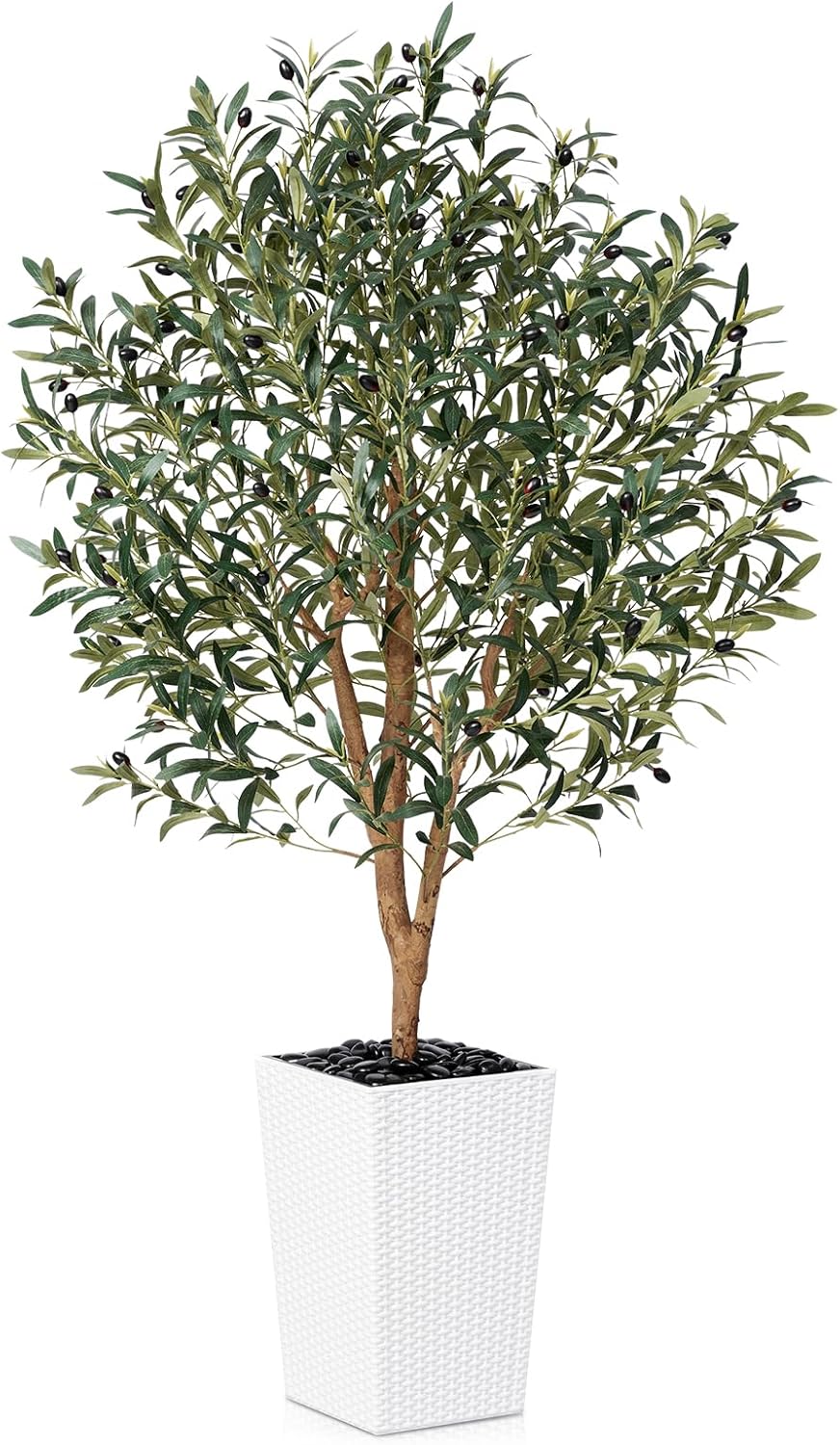 Artificial Olive Tree 5FT, Faux Olive Trees with Real Wood Trunk, UV Resistant Fake Plants in Planter & River Rocks, Indoor Tall Silk Plant for Home Living Room Office Outdoor Decor, VN133