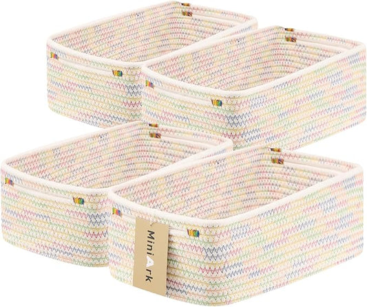 Small Storage Baskets for Organizing | Closet Organizer Bins | Shelf Toy Basket | Woven Rope Baskets | Cube Decorative Box | Shallow Basket | 13x8.5x5.1” | 4 Packs Rainbow