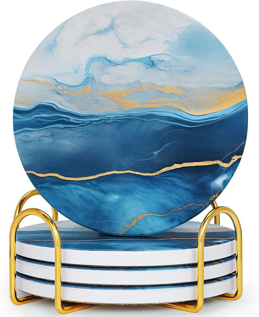 GOH DODD Coasters for Drinks Set of 4, Absorbent Marble Style Ceramic Coaster Set Tabletop Protection Home Decor with Metal Golden Holder for Coffee Table, Father‘s Day Gifts, Blue, Round, 4 Inches