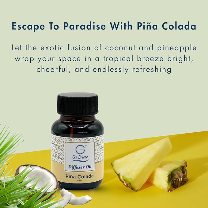 G's Breeze Piña Colada Diffuser Oil Refill - Tropical Coconut & Pineapple Scent - Long Lasting Fragrance, Uplifting Aroma - Ideal for Home & Office - Refreshing & Inviting Atmosphere - 60 ML