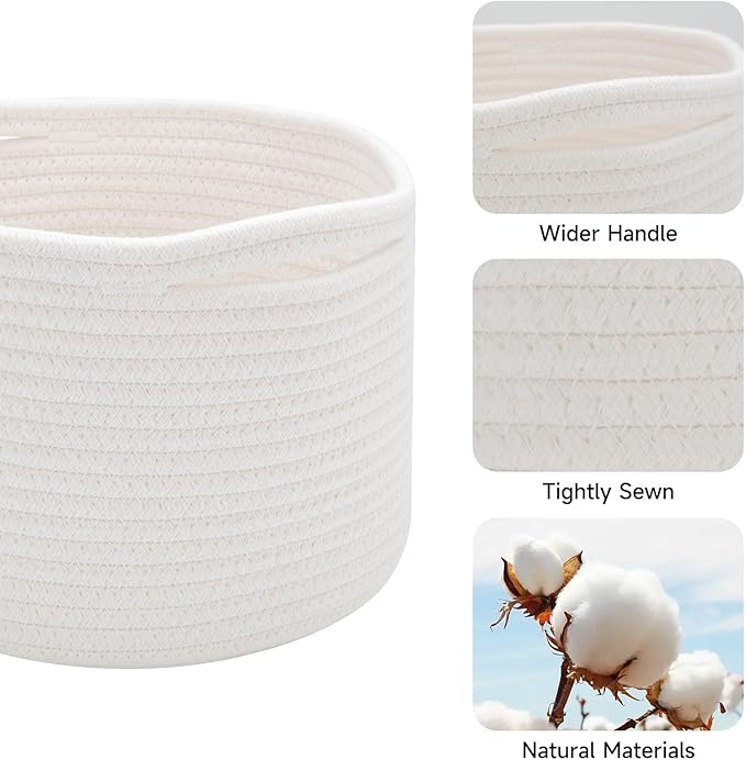 Small Basket for Organizing | Cube Shelf Closet Storage Baskets | 9.7×9.7×7.1” | Woven Rope Gift Basket | Nursery | Round 3 Packs Off White