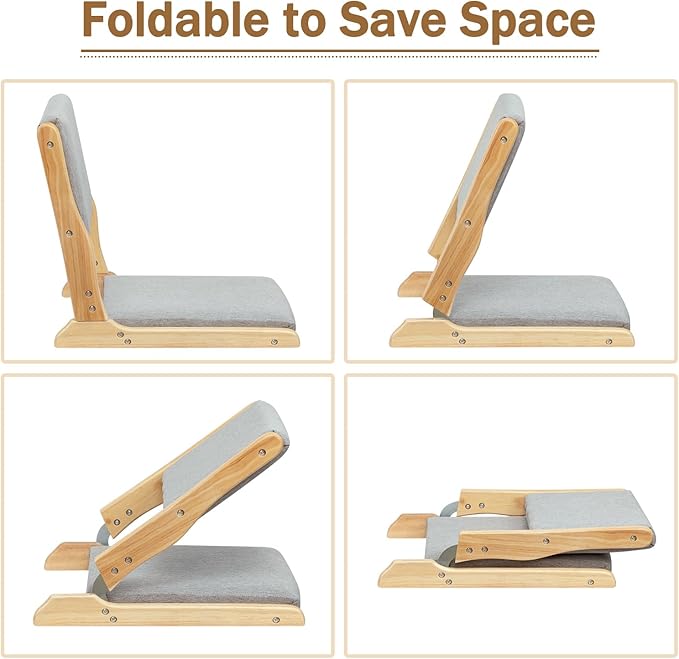 HollyHOME Foldable Japanese Style Floor Chair with Back Support, Wood Legless Tatami Chair with Cushion, Accent Meditation Seat for Bay Window, Living Room, Bedroom, Light Grey