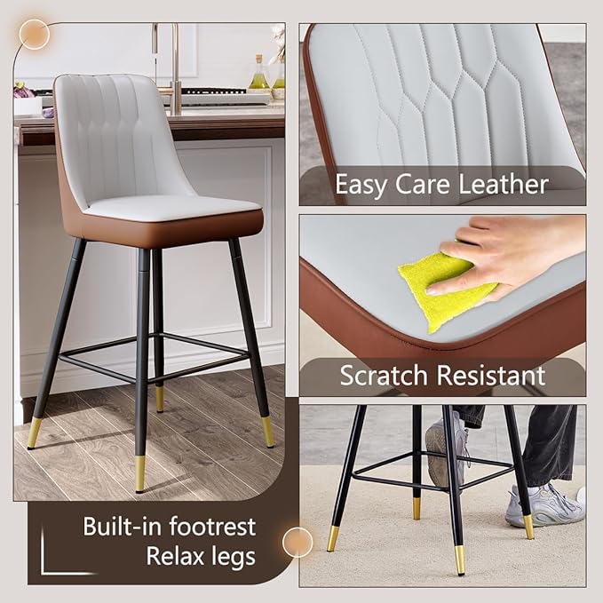 Counter Height Bar Stools Set of 2,27" Bar Stools with Back,Upholstered Counter Height Bar Stool with Sturdy Metal Footrest,Modern Kitchen Island Chairs for Home Pub (2,Grey-Brown)