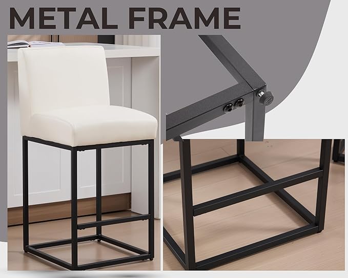 VESCASA Faux Leather 27 inches Counter Height Bar Stools with Padded Back, Modern Upholstered Counter Stool Chairs with Black Metal Frame for Kitchen Island, Set of 2, White