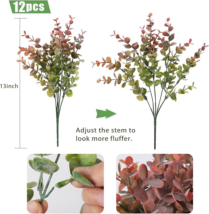 RECUTMS 12 Bundles Fake Bushes Artificial Plants Outdoor Faux Plant Eucalyptus Stems Fake Porch Plants for Farmhouse Bathroom Office Vase Centerpiece Indoor Outdoor Decor(Dusty Red)