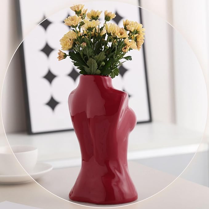 hjn Female Body Vase- Flower Vase fo Decor,Ceramic Vase for Flowers, Red Decor Vases Woman Shape Vase for Living Room/Home Decor Accents/Bookshelf/Mantel-Red