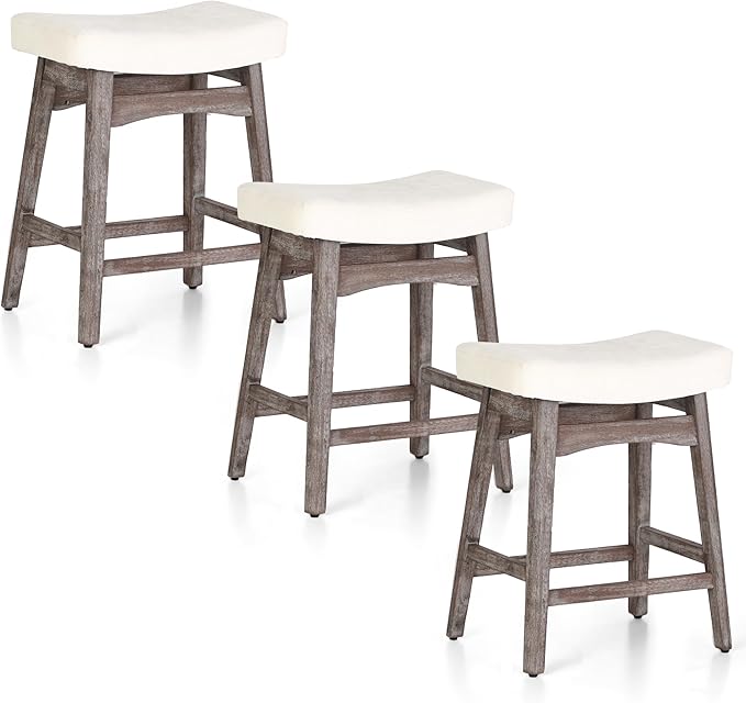 PHI VILLA Farmhouse Bar Stools Set of 3 - Wood Bartools with Upholstered Saddle Seat, 24 inch stools for Kitchen Counter Set of 3