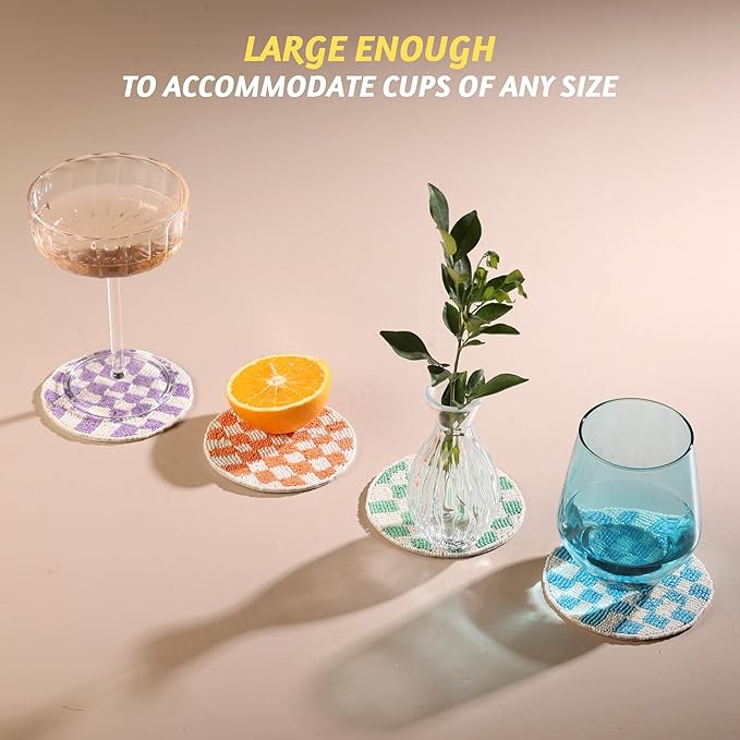 Folkulture Coaster for Drinks | (4") Pack of 4 Multicolor Boho Coasters | Cute Round Boho Coaster | Beaded Drink Coasters for Coffee Table | Round, Beaded, Hand Wash Only