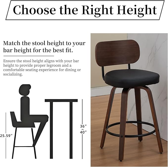 Counter Stools Set of 2, 26 inch Swivel Counter Height Bar Stools with Walnut Back,Upholstered PU Leather, Bentwood Legs, Mid Century Modern Bar Chairs for Kitchen Island, Black