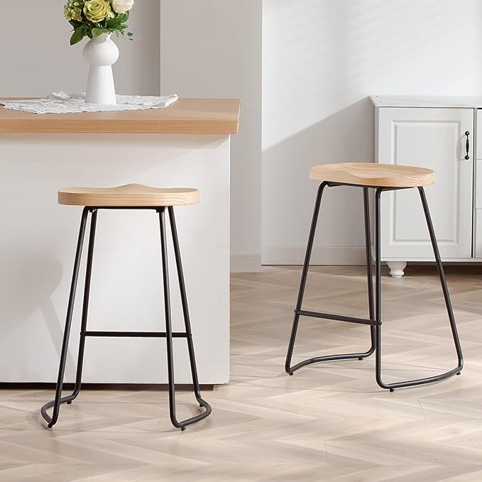 HeuGah Bar Stools, Solid Wood Barstools Set of 2, 26" Counter Height Bar Stools with Metal Leg,Rustic Backless Bar Stool for Kitchen Island,Bar Chairs with Solid Wood Saddle Seat (Burlywood, 26 Inch)