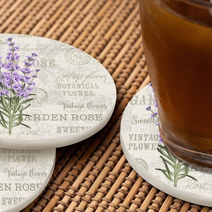 Lavender Flowers Coasters for Drinks 2 Pack Elegant Floral Leaf Plant Purple Bloom Bouquet Luxury Nature Tabletop Protection Kitchen and Coffee Table Décor & Accessories,Set of 2