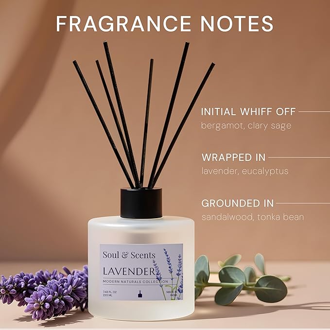 Soul & Scents Reed Diffuser Set – Lavender | 7.43 oz Refillable Scented Oil with 6 Fiber Sticks | Long-Lasting Home Fragrance & Air Freshener for Bedroom, Bathroom, Office | Gift & Décor Piece