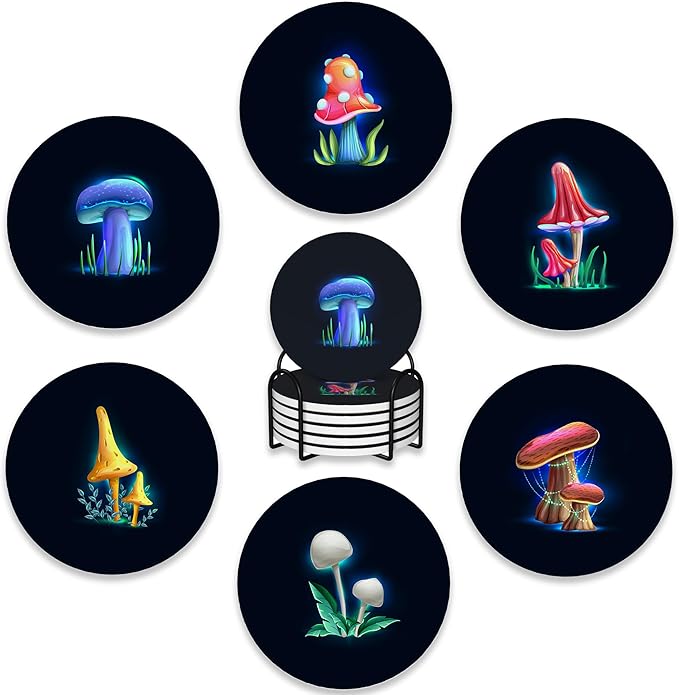 6 Pcs Coasters for Drinks with Holder,Magical Glowing Mushrooms Absorbent Coaster with Cork Backing,Great Gift for Housewarming,Room Decor,Bar,Holiday Party