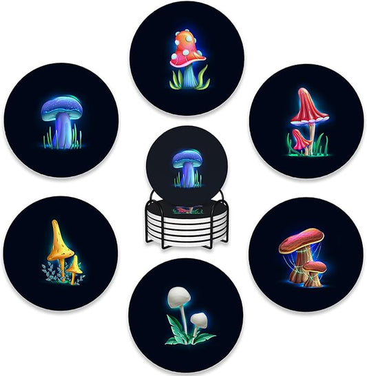 6 Pcs Coasters for Drinks with Holder,Magical Glowing Mushrooms Absorbent Coaster with Cork Backing,Great Gift for Housewarming,Room Decor,Bar,Holiday Party