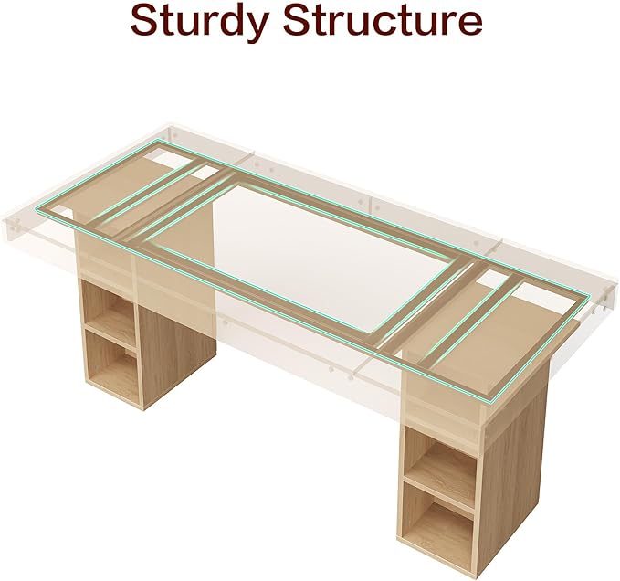 GarveeHome 71-Inch Rectangular Dining Table with Storage, Large Dining Table for 6-8 w/Large Tabletop & Sturdy Frame, Wooden Kitchen Table with Double Pedestal, for Dining Room, Office, Oak