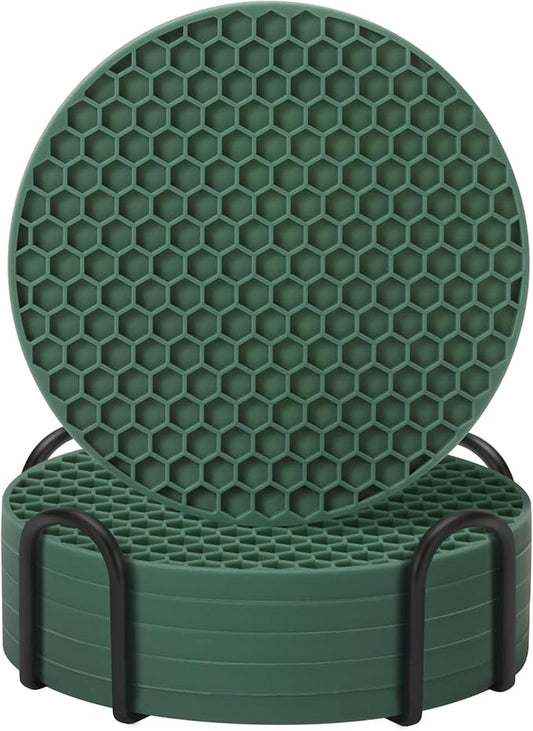 Coasters Set of 6 with Holder,Coasters for Drinks,Coffee Table Decor Coaster,Suitable for Kinds Cups,Anti-Slip,Non-Stick,Silicone Cup Coaster and Living Room Decor(6 Pcs, Green)