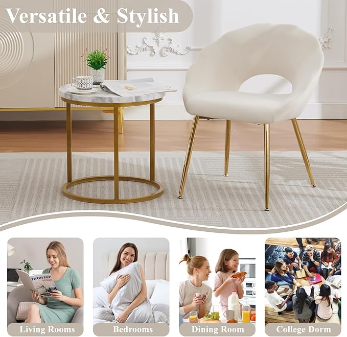 Modern Small Accent Chair Set of 4, Comfy Velvet Vanity Chair with Shell Back & Golden Metal Legs, Decorative Dining Chair no Wheels for Living Room, Makeup Room, Bedroom, Beige