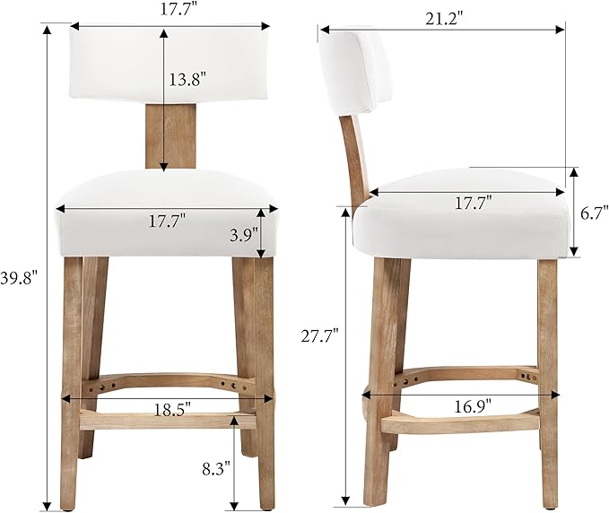 Linen Bar Stools Set of 2, Upholstered 27.7'' Counter Height Barstools with Curved Back, Farmhouse Wood Bar Chairs for Breakfast, Kitchen Island, Cafe, Cream
