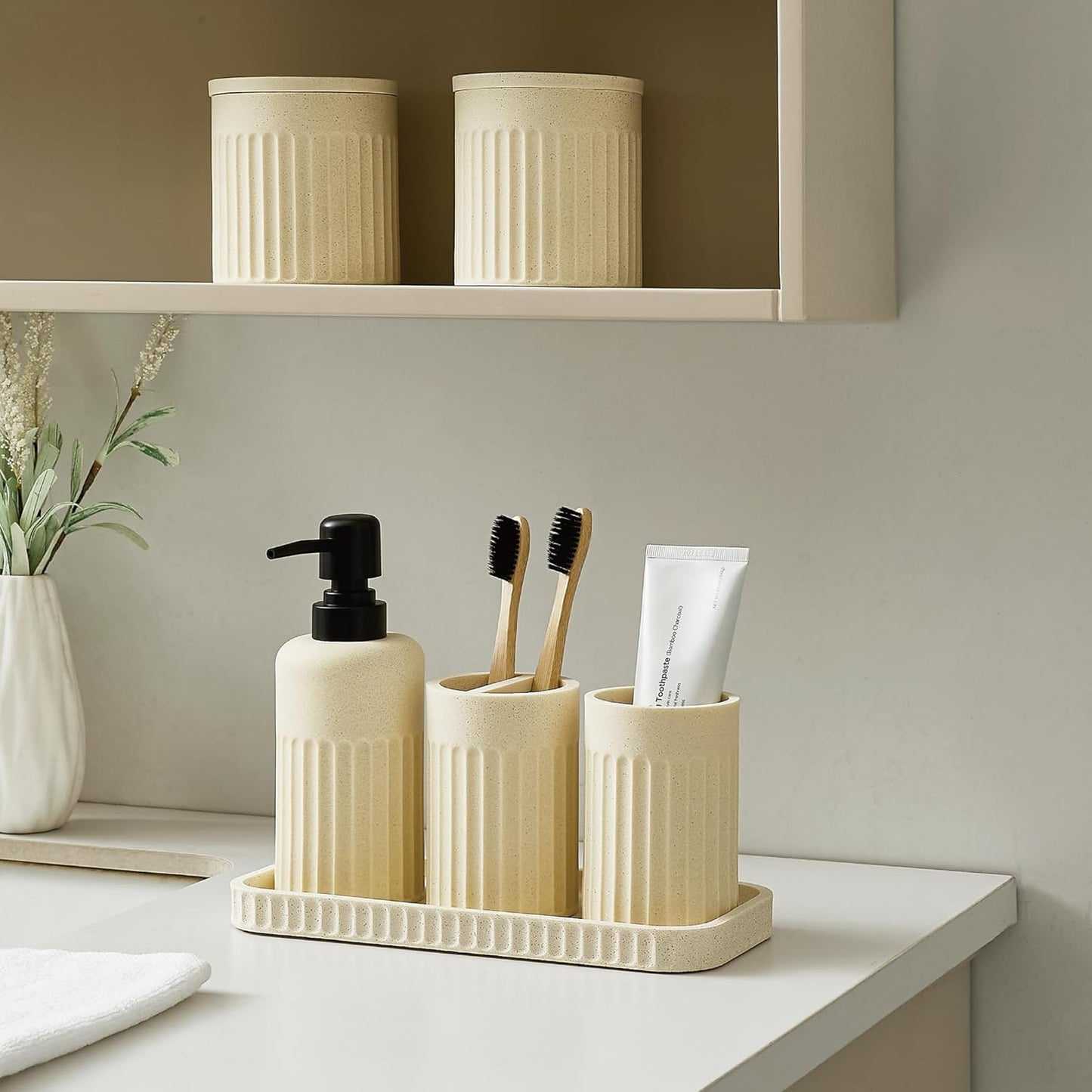 Bathroom Accessory Set - 6 Pieces Bathroom Accessories Set Complete with Soap Dispenser, Toothbrush Holder, Tumbler, Vanity Tray and 2 Qtip Holder for Home Organizer and Decor, Beige