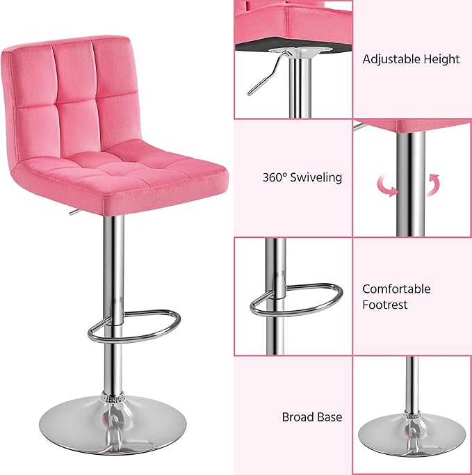 Yaheetech Pink Bar Stools Set of 2, Adjustable Velvet Barstools, Modern Counter Height Swivel Stool with Bigger Base for Kitchen Island, Pink