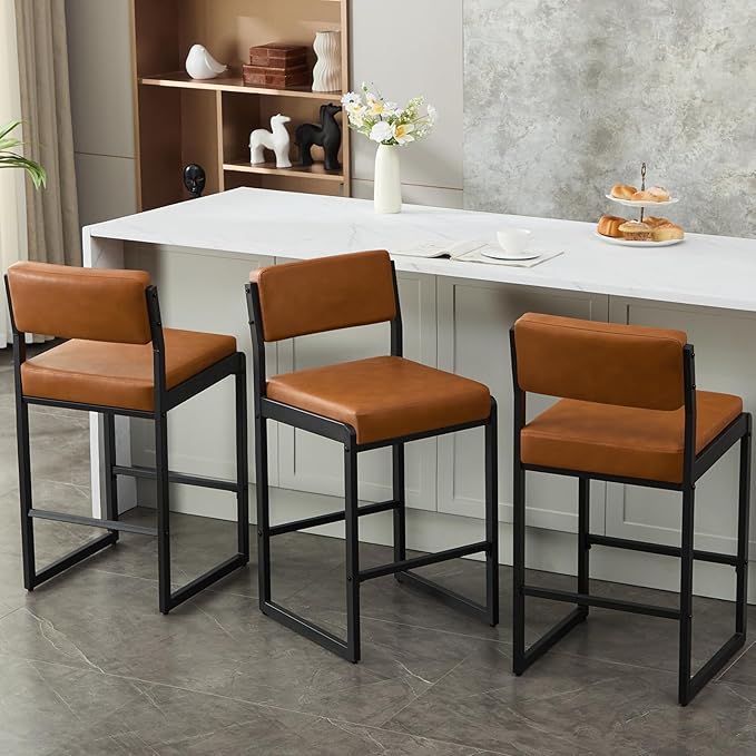 Mid Century Modern Counter Height Bar Stools Set of 3, 26" Bar Height Chairs with Backs, Upholstered Counter Stools, Metal Barstools for Kitchen Island (Brown- Faux Leather, 26"H - Set of 3)