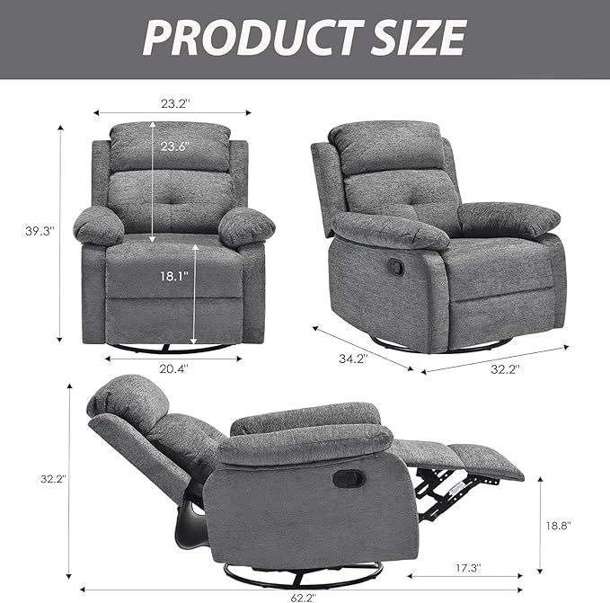 Swivel Rocker Recliner, 360 Swivel Small Recliners with 30 Degree, 90-150 Degree Angle, Lift Chair for Home Theater Seating, Adults, Living Room, Bedroom, Nursery, Limestone