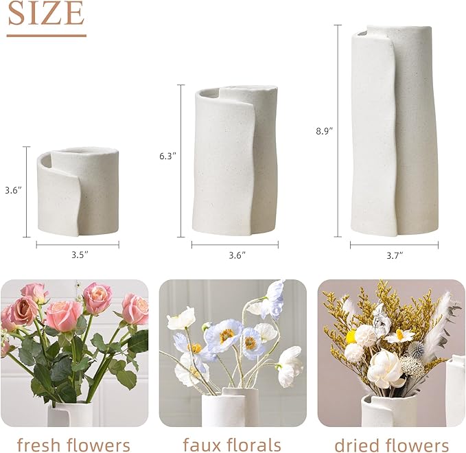 Pointnio White Ceramic Flower Vase Set of 3,Small Origami Flower Vases for Room Decor,Modern Boho Farmhouse Vase,Decorative Vases for Home Decor,Living Room, Kitchen, Bedroom, Bathroom