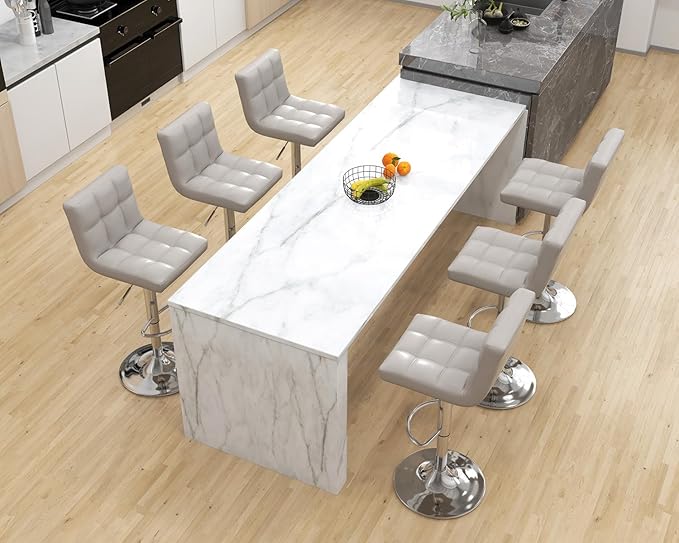 Modern PU Leather Bar Stools Set of 6, Adjustable Swivel Square Bar Chairs, Armless Counter Height Barstools with Back and Large Base for Island/Kitchen(Gray)