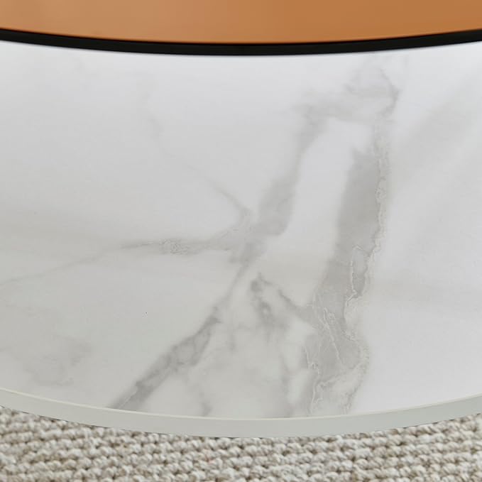 Shrine Modern Coffee Table with Glass Top, Round Table for Living Room, Two-Tier 30-Inch White Wooden Storage Coffee Table, Gold Table Legs Structure & Brown Glass Top