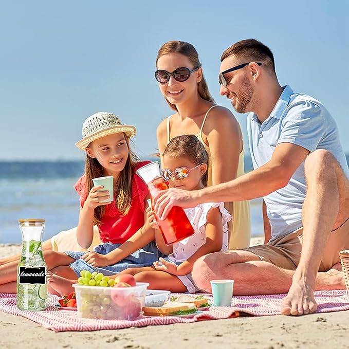 Glass Carafe Pitchers with Bamboo Lids, 4 pcs 1 Liter Beverage Serveware Pitcher Carafe Set for Mimosa Bar, Juice Container for Brunch, Cold Water, Juice -With 4 Wooden Chalkboard Tags