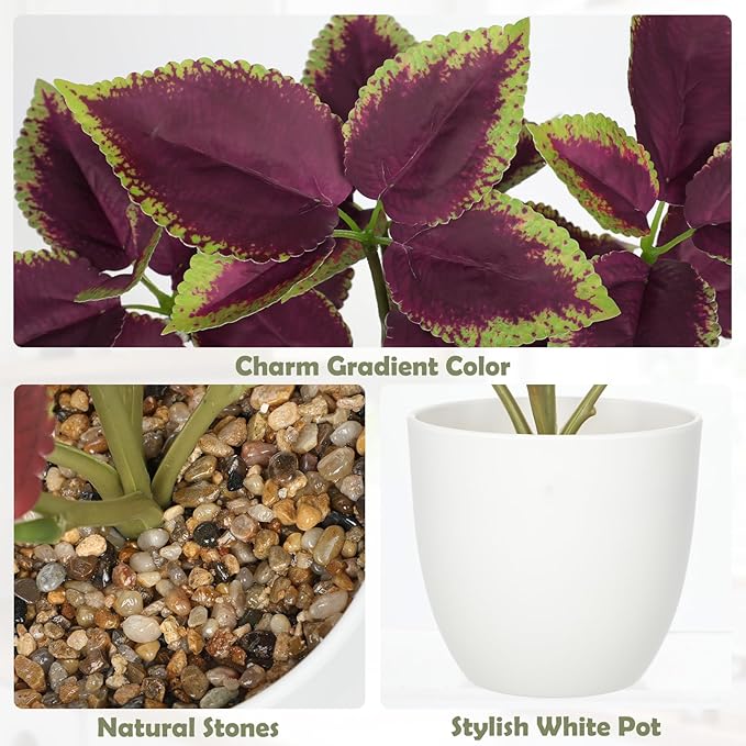 Artificial Plants Indoor 14.2" Small Fake Perilla Plant in Pot Potted Plants Artificial Decor Faux House Plant with White Pot for Farmhouse Home Office Bathroom Living Room Table Shelf Decor