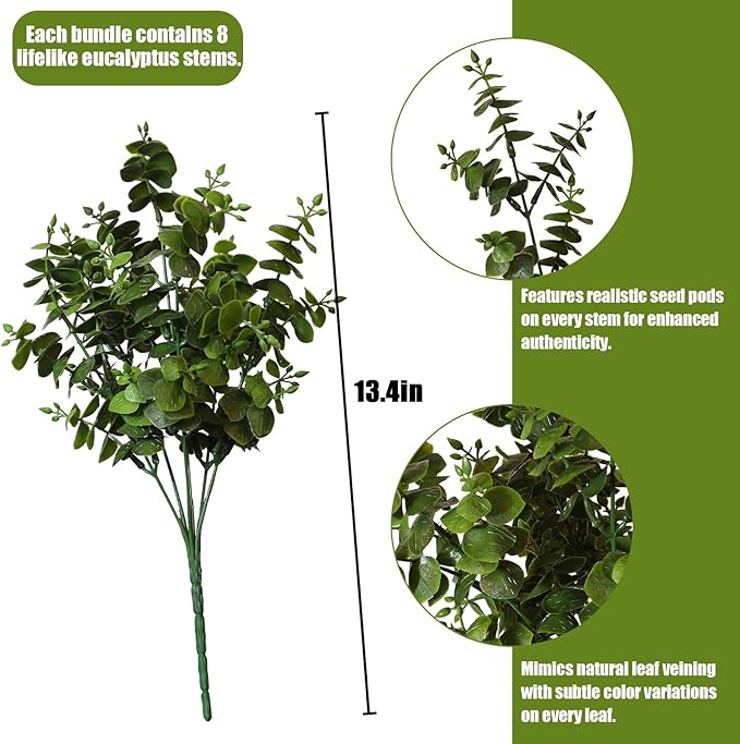 Artificial Fall Eucalyptus Plant – 8PCS Outdoor Fake Greenery, UV Resistant Fake Plants for Porch, Patio, Thanksgiving or Autumn Home Decor - Green Leaves