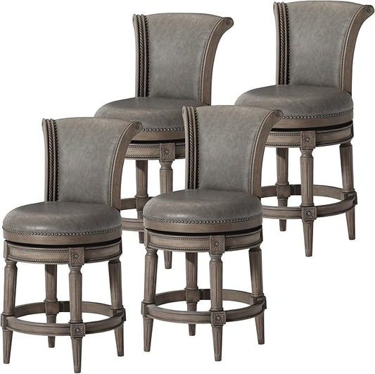 Maven Lane Pullman Counter Stool 26 Inches – Set of 4 – Swivel Stools with Footrest – Grey Solid Wood Frame & Grey Faux Leather Upholstery – Perfect for Kitchen Islands & Counters
