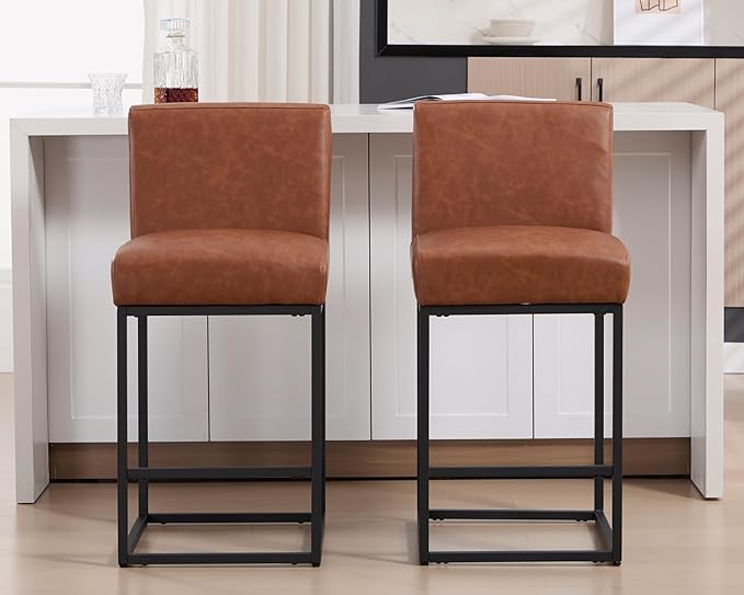 VESCASA Faux Leather 27 inches Counter Height Bar Stools with Padded Back, Modern Upholstered Counter Stool Chairs with Black Metal Frame for Kitchen Island, Set of 4, Brown