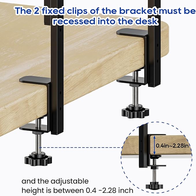 Clamp On Desk Shelf 2-Tier, 12.5 inche Wood Shelving Unit for Office Desk/Gaming Accessories, Tabletop Book Storage Rack, Shelf for Top & Under of Desk, Brown