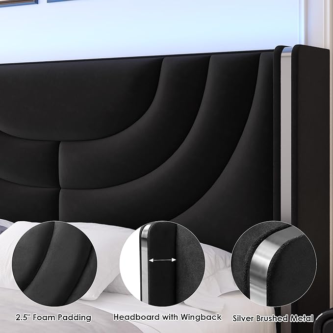 HITHOS Queen Upholstered LED Bed Frame with 2 Storage Drawers, Velvet Platform Bed with Wingback Headboard, Solid Wooden Slats Support, No Box Spring Needed, Headboard Splicing Design, Black