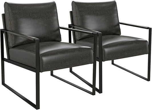 Phoenix Home PU Leather Accent Chair Set of 2, Leisure Metal Framed Armchair with Extra Soft Padded and Cushion, 105 Degree Slant Back, Modern Reading Arm Chair for Living Room/Office/Bedroom, Black