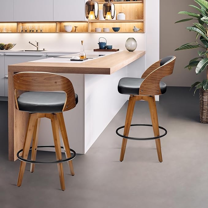 Barstools Set of 3,Counter Height Bar Stools for Kitchen Island,26.8 Inch Modern Upholstered Bar Chair, Swivel Counter Stools with Wood Back and Bamboo Legs (Black-PU)