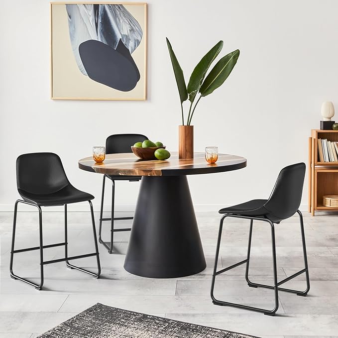 Rfiver Pu Faux Leather Bar Stools Set of 3, Industrial Pub Barstools with Back and Footrest, Modern Armless Bar Height Stool Chairs (Black, 24" Counter Chair x3)