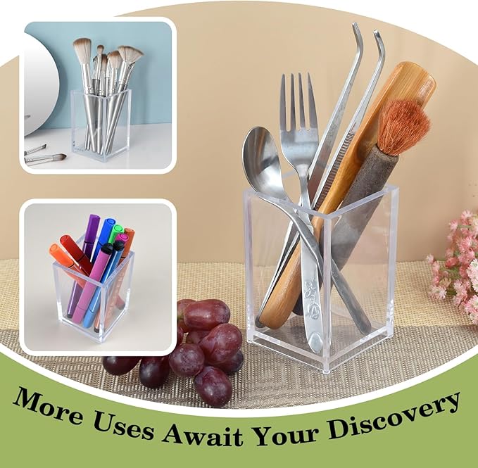 10 Pack Clear Acrylic Pen Holder for Desk, Pencil Cup Makeup Brush Organizer, Square Acrylic Pencil Holders for Office School Home Supplies, Desktop Stationery Organizer for Pens Markers Brushes