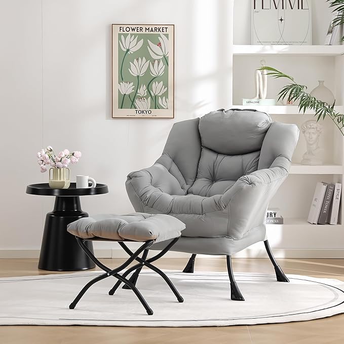 Welnow Lazy Chair with Ottoman, Modern Lounge Accent Chair with Armrests and a Side Pocket, Leisure Sofa Armchair Set, Reading Armchair with Footrest for Small Space, Light Grey