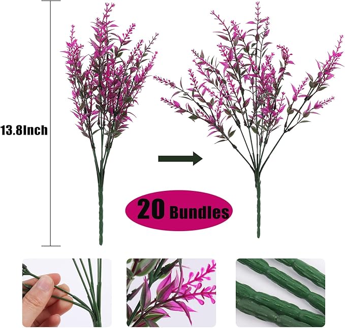 20 Bundles Artificial Flowers for Outdoor Decoration, Spring Decoration UV Resistant Faux Outdoor Plastic Greenery Shrubs Plants Artificial Fake Flowers Hanging Planter Home Garden Decor(Fuchsia)