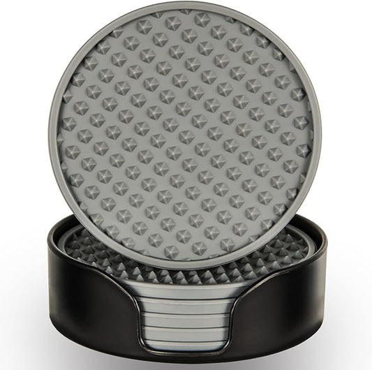 Coasters for Drinks 6 Pcs Drink Coaster with Holder,Heat Resistant Silicone Cup Mat Tabletop Protection,Non-Slip Rubber Coasters for Kinds of Cups (Grey)