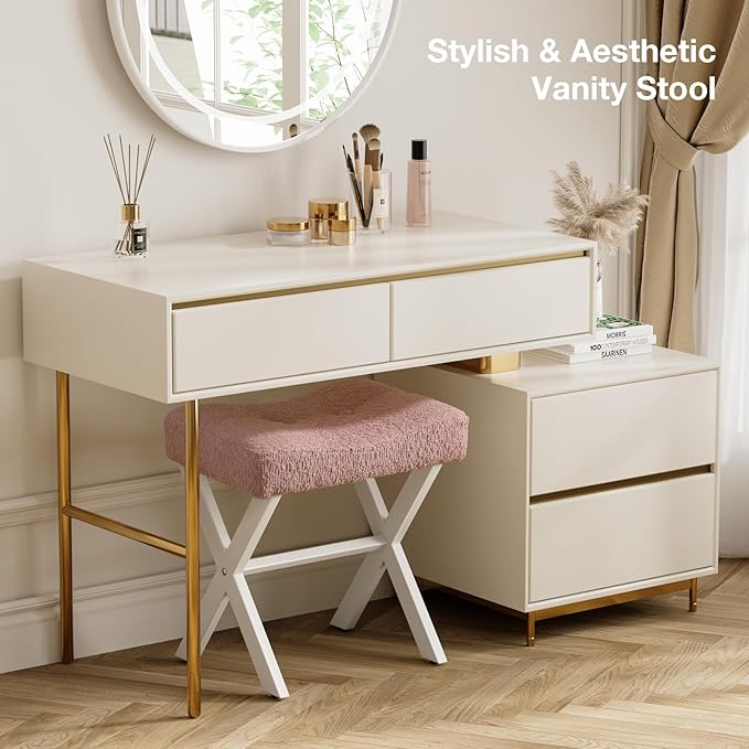 18-Inch Vanity Stool Chair, Vanity Bench with Metal X-Legs, Ottoman Accent Stool with Breathable and Soft Boucle Fabric Saddle Seat, Pink
