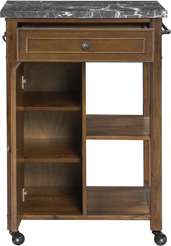 OSP Home Furnishings Fairmont Modern Farmhouse Kitchen Cart, Rolling Storage Cabinet with Drawer, Shelves, Hooks, Towel Bar, Oak Wood Finish with Faux Marble Top