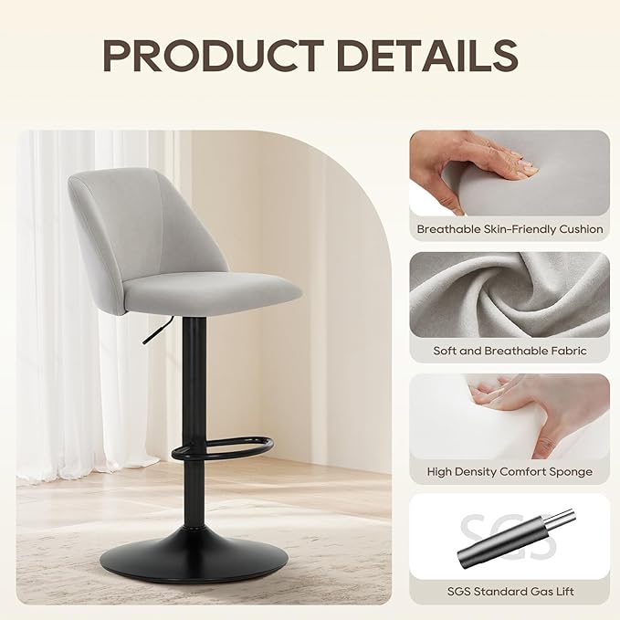 COLAMY Bar Stools Set of 6, Modern Swivel Bar Chairs, Adjustable Upholstered Barstools Counter Height with Full Backrest for Bar, Dining Room, Kitchen Island, Grey