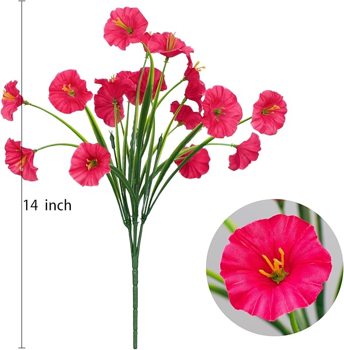 15 Bundles Artificial Flowers UV Resistant Outdoor Plants No Fade Faux Plastic Shrubs Fake Silk Flowers Window Box Garden Porch Home Decoration (Morning Glory Fuchsia)