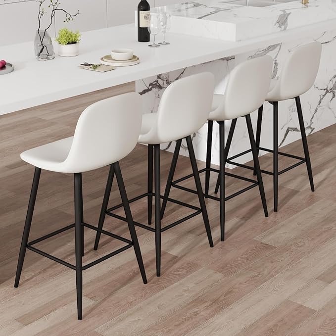 White Barstools Set of 4, 24.6" Counter Height Bar Stools with Back & Metal Footrest, Modern Island Chairs Set of 4 for Kitchens Island Home Bar