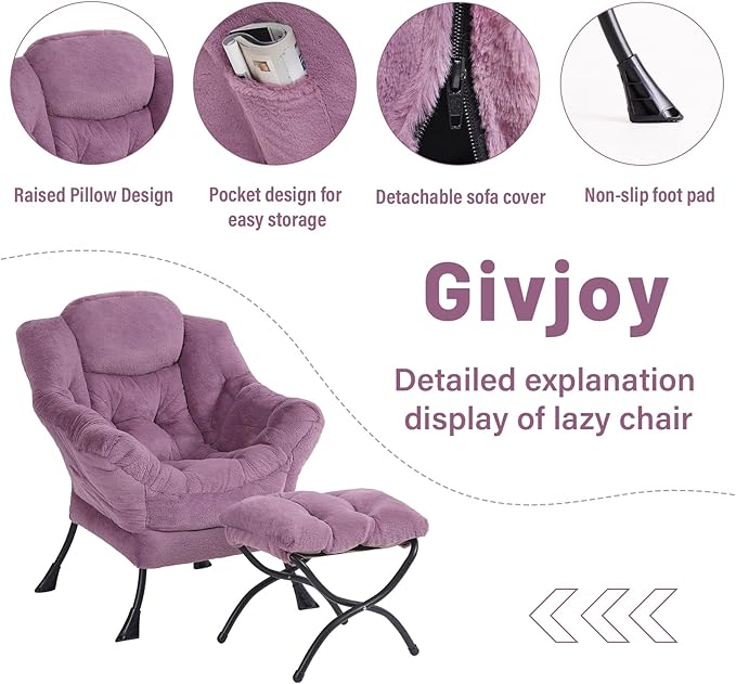 Plush Lazy Chair and Ottoman, Large Contemporary Accent Lounge Chair with Armrests and a Side Pocket, Modern Leisure Upholstered Sofa Reading Armchair with Footrest for Bedroom, Living Room
